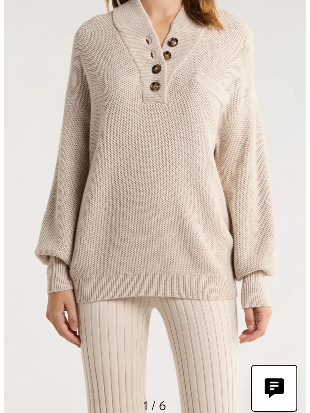 lunya Oatmeal Cream Button-Placket Crew Sweater